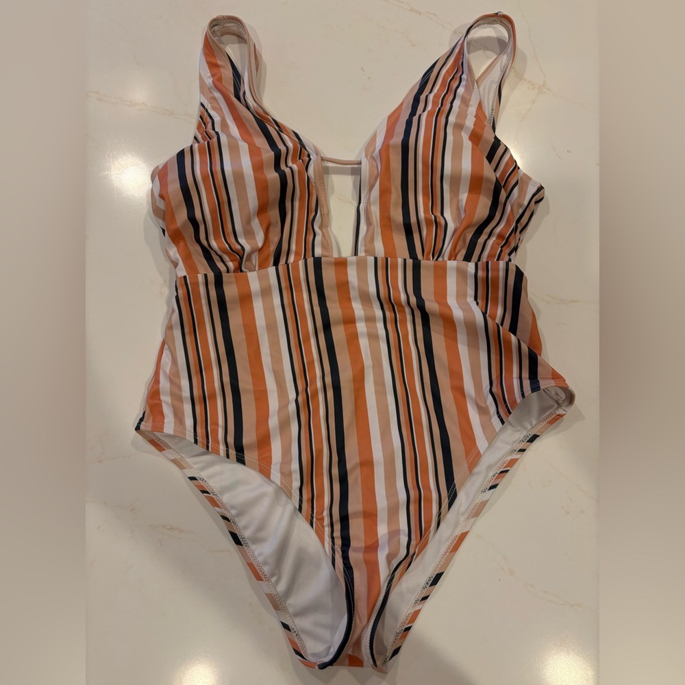 Striped One-Piece Swimsuit in Peach, White & Gray